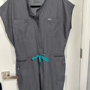 Figs Gray Jumpsuit with Teal Drawstring